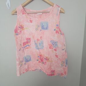 STAMP Pink Linen Sleeveless Abstract Floral Tank  Blouse Small